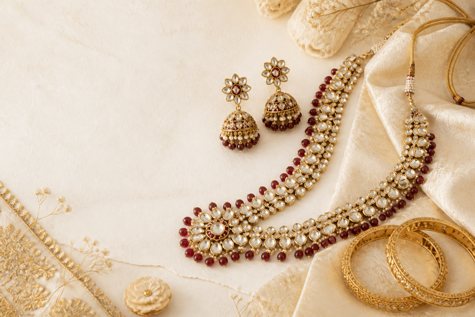 Handcrafted Indian jewellery arranged on an ivory backdrop
