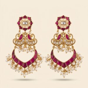 Ruby Kundan Chand Bali with Pearl Fringe