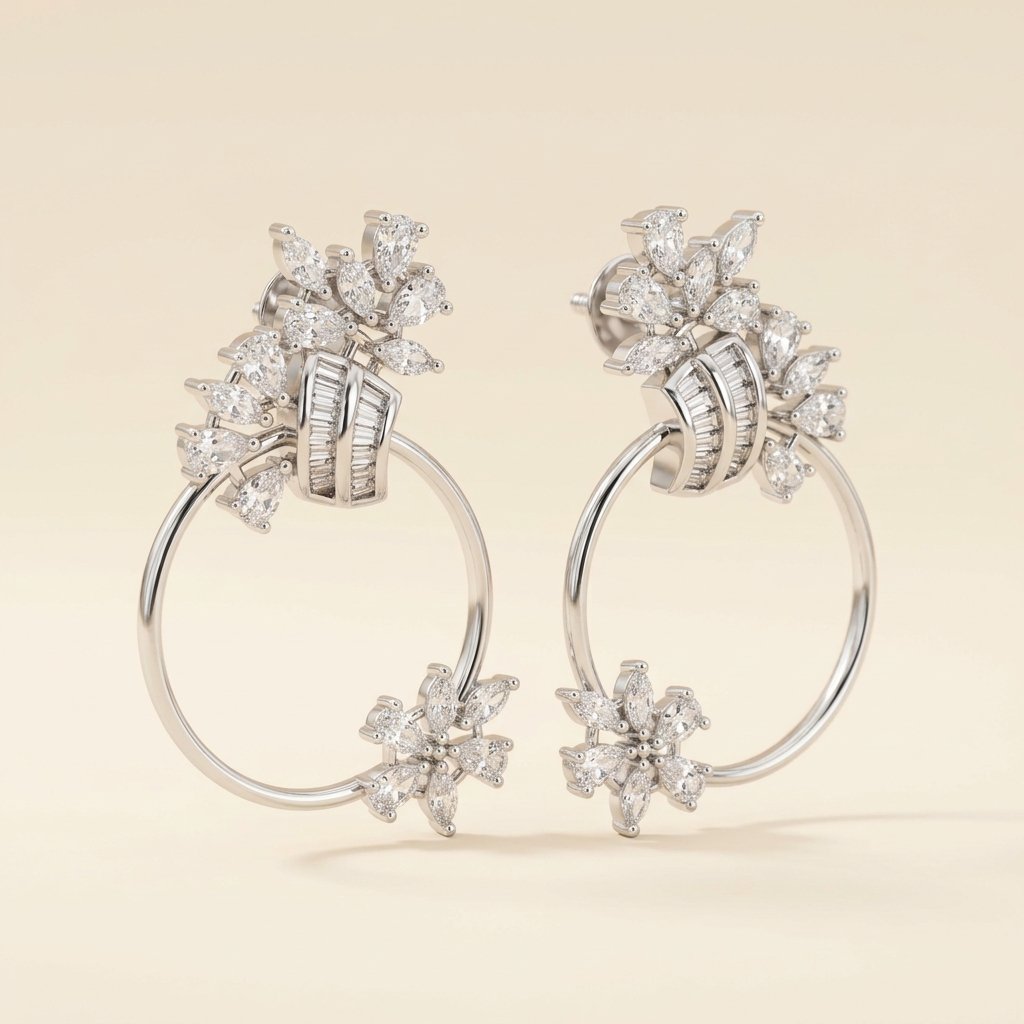 Pavé Circle Hoop Earrings with Floral Cluster - Image 2