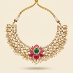 Jadau Kundan Lotus Necklace with Pearl Detailing