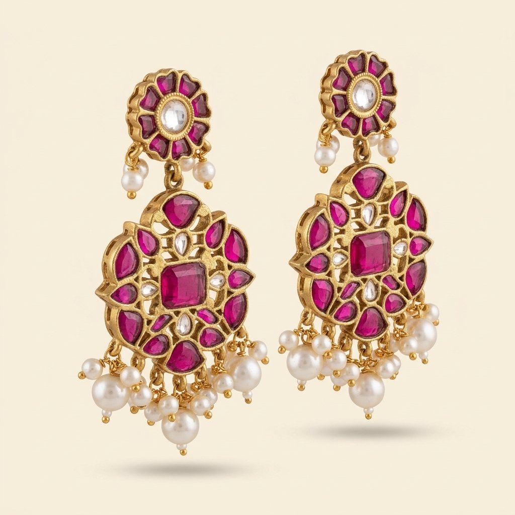 Ruby Kundan Floral Drop Earrings - Image 2