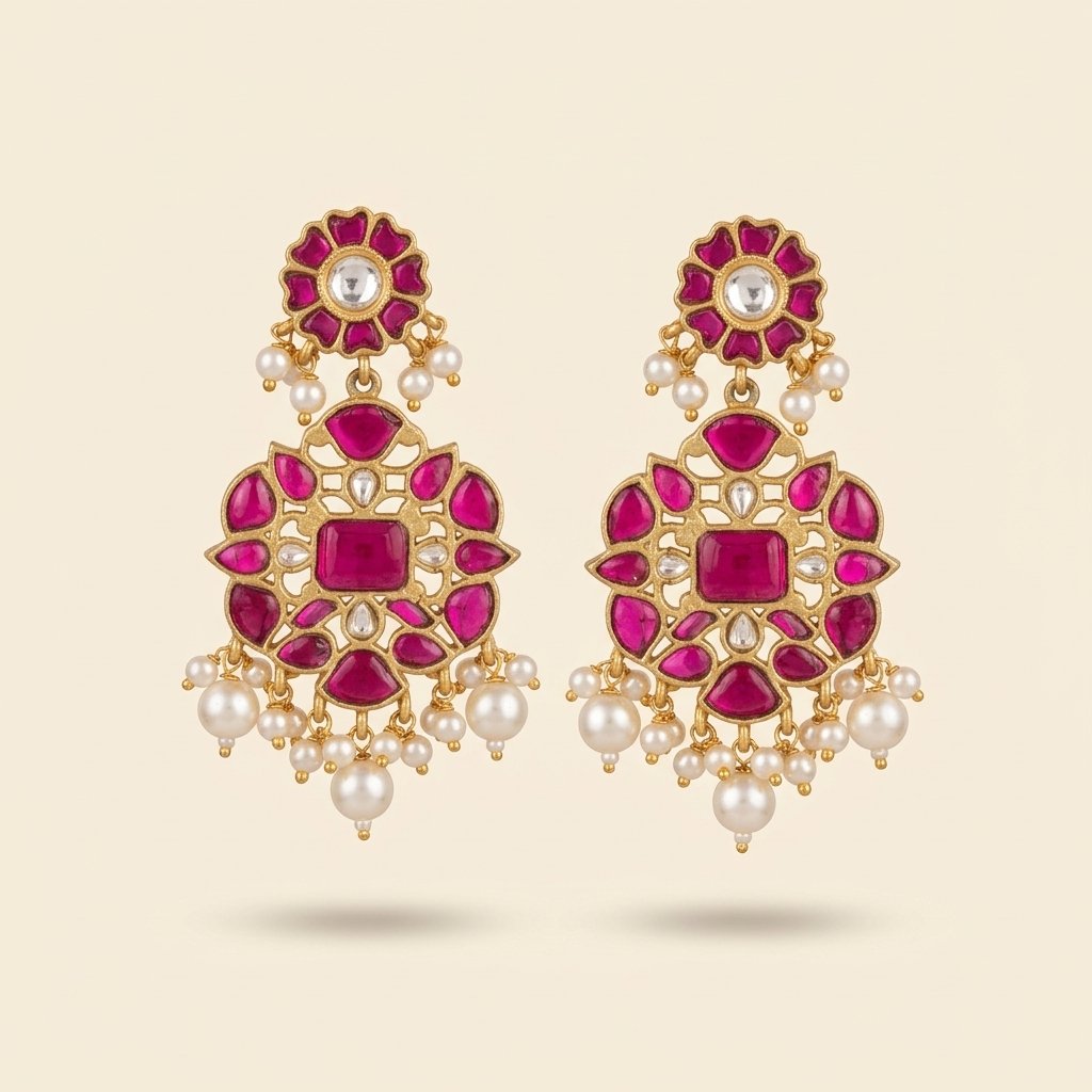 Ruby Kundan Floral Drop Earrings