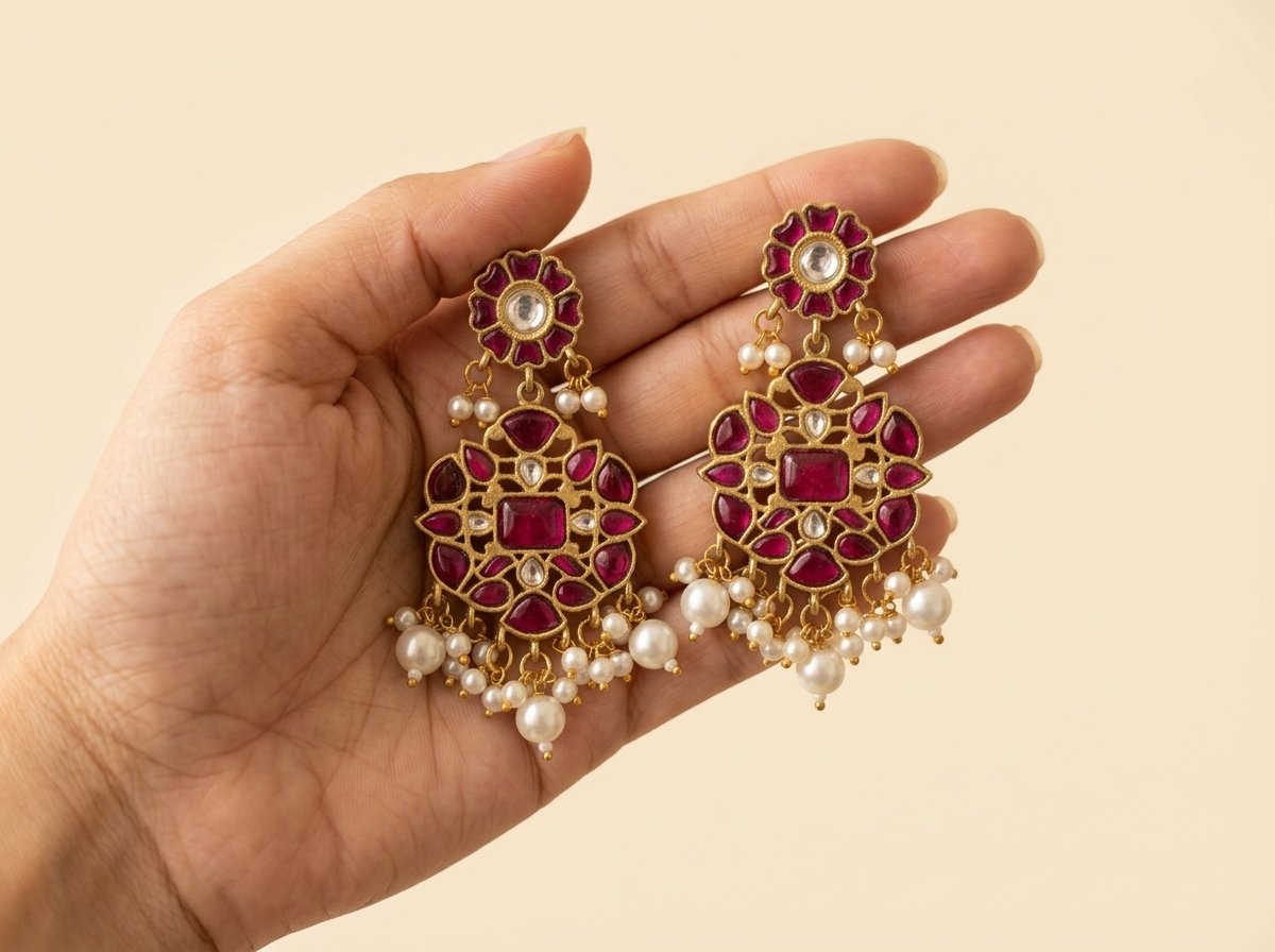 Ruby Kundan Floral Drop Earrings - Image 3