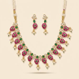 Jadau Kundan Necklace in Ruby, Pink and Green