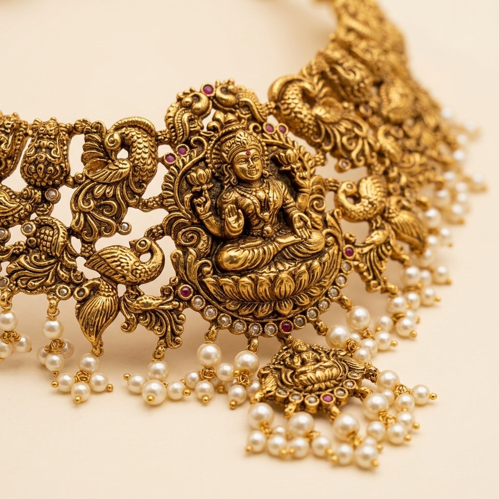 Antique Gold Temple Necklace with Lakshmi and Peacock Motifs - Image 2