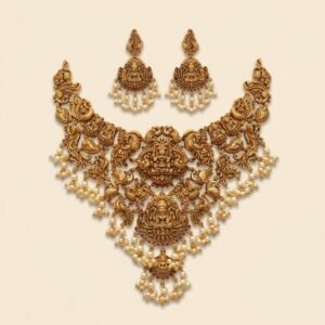 Antique Gold Temple Necklace with Lakshmi and Peacock Motifs