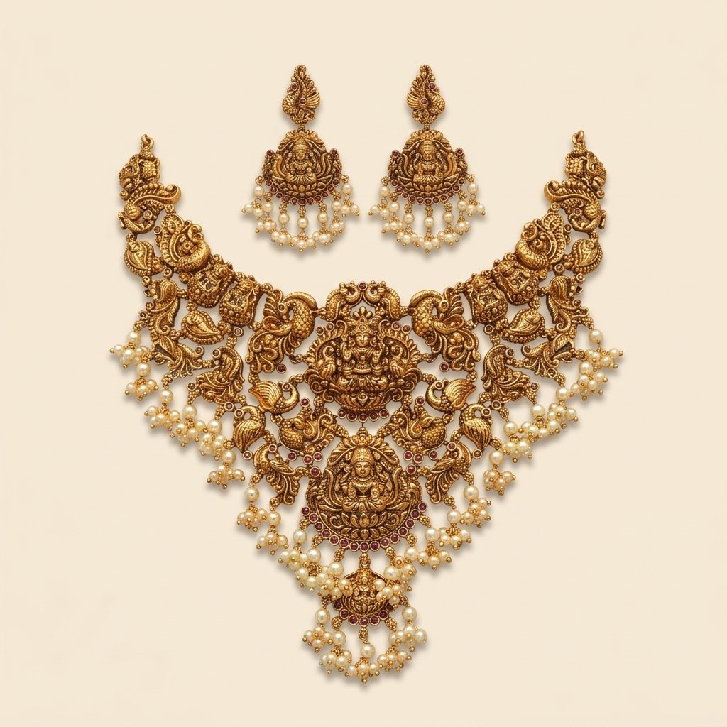 Antique Gold Temple Necklace with Lakshmi and Peacock Motifs