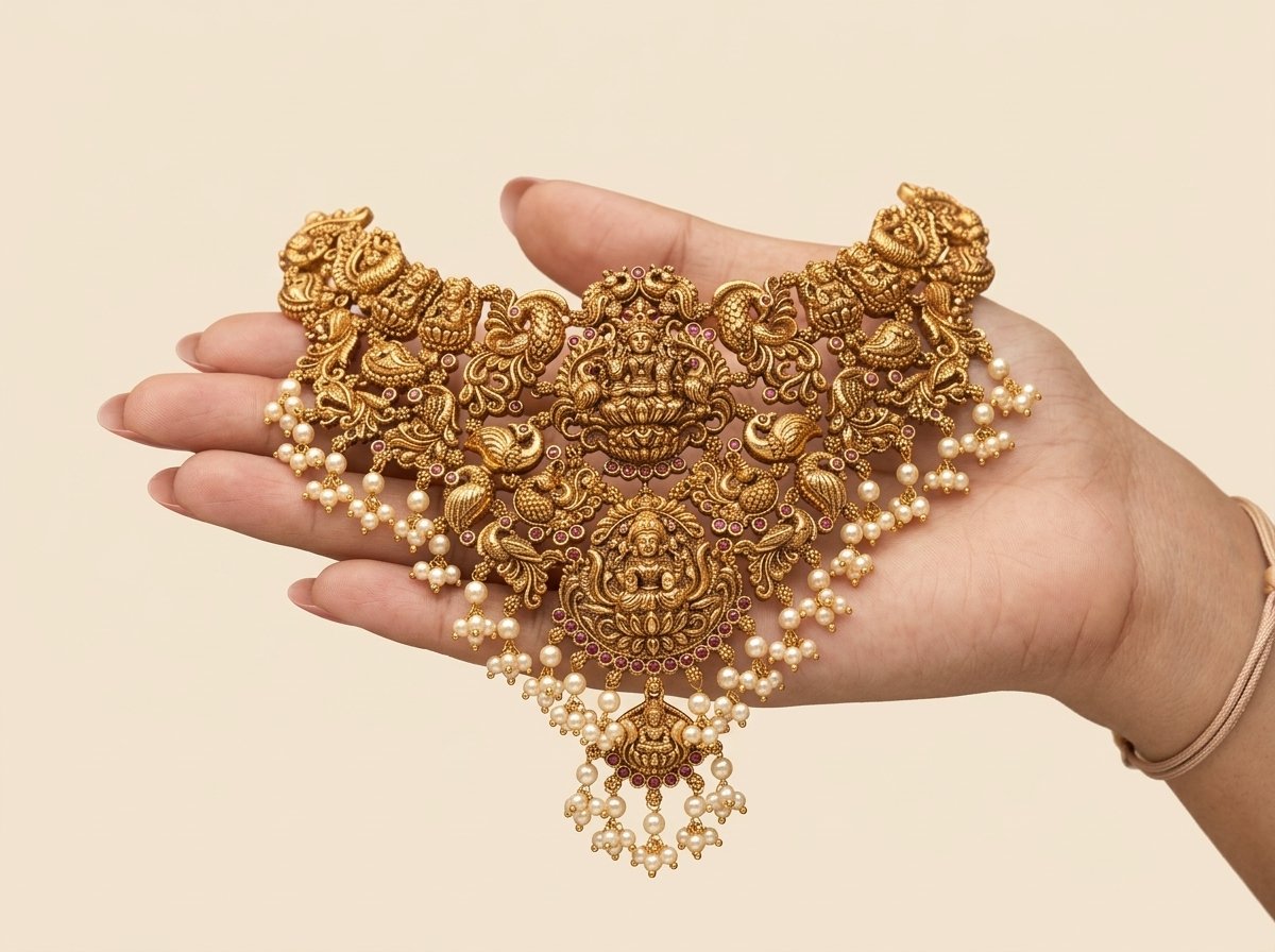Antique Gold Temple Necklace with Lakshmi and Peacock Motifs - Image 3
