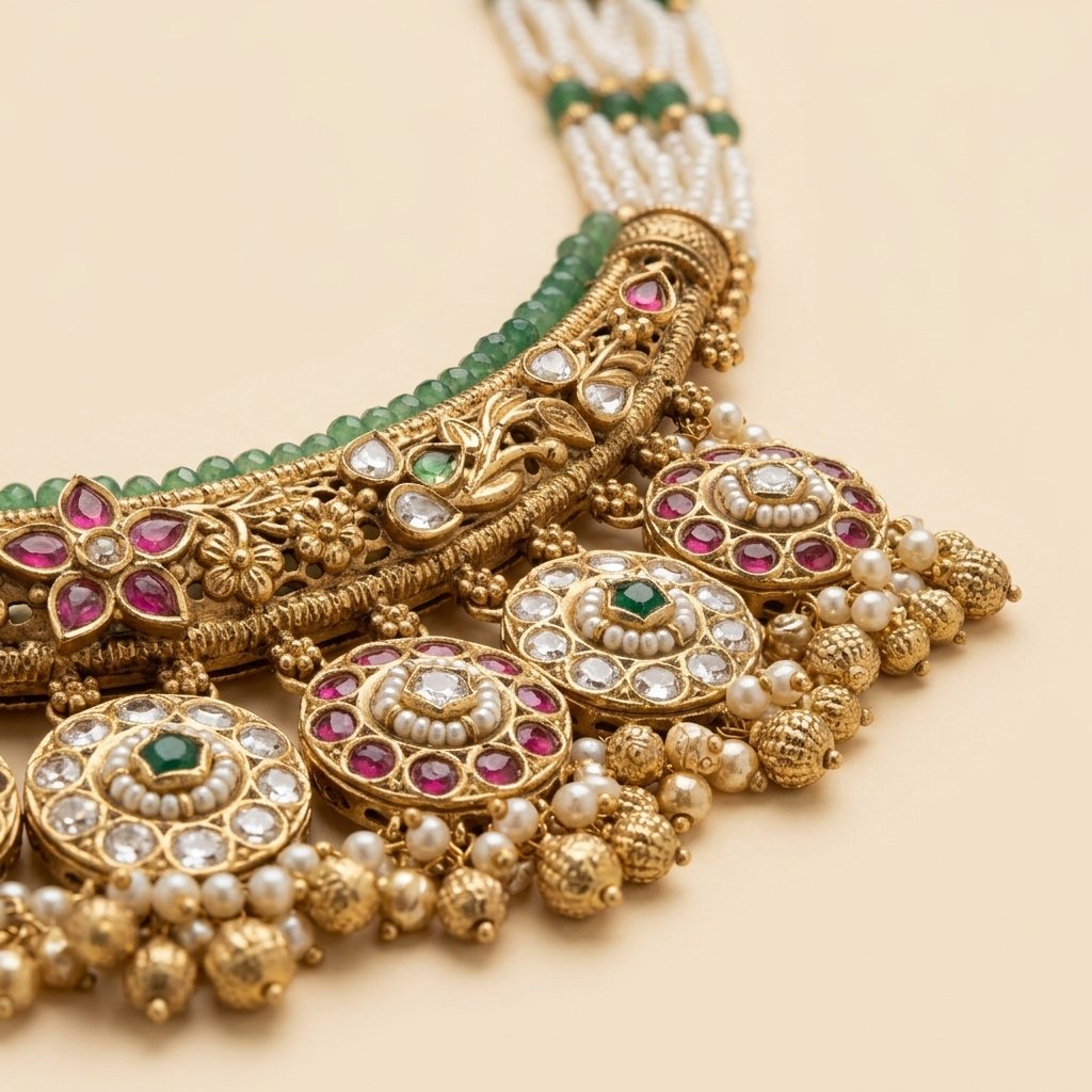 Heritage Kundan Bridal Necklace in Pink and White - Image 2