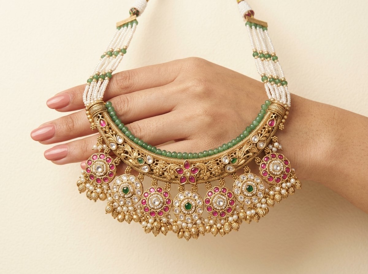 Heritage Kundan Bridal Necklace in Pink and White - Image 3