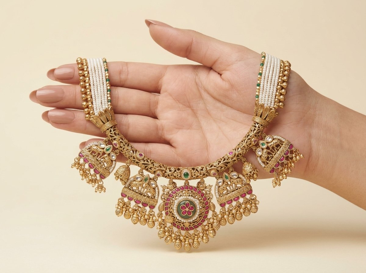 Heritage Kundan Necklace with Floral and Elephant Motifs - Image 3