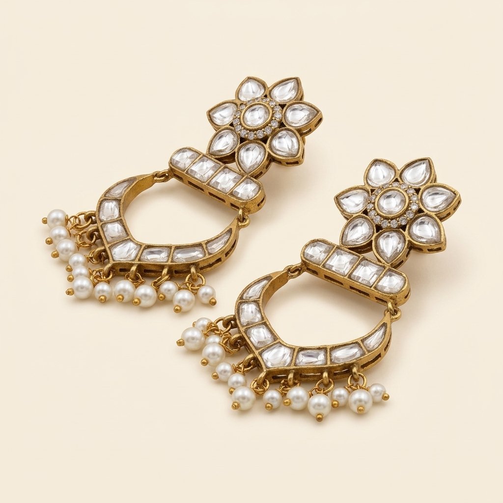 White Kundan Chand Bali with Pearl Drops - Image 2