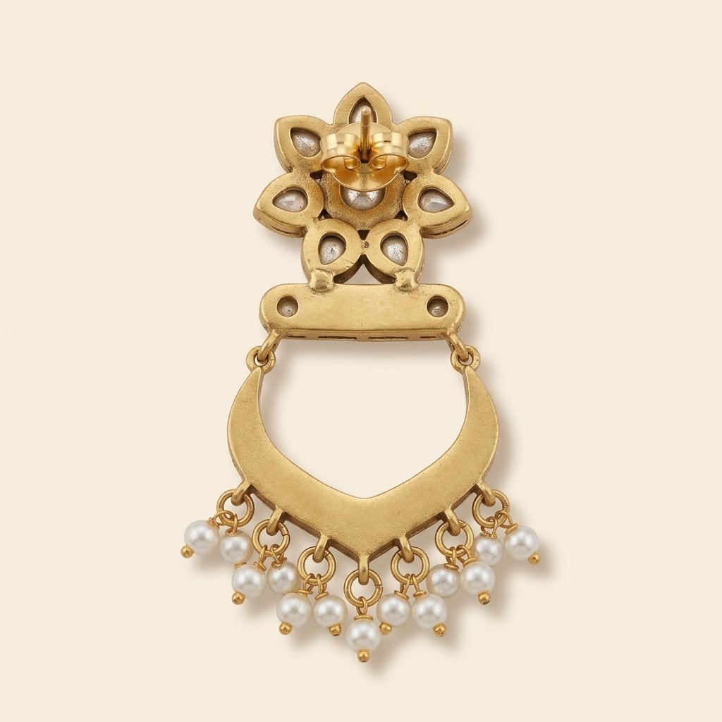 White Kundan Chand Bali with Pearl Drops - Image 4