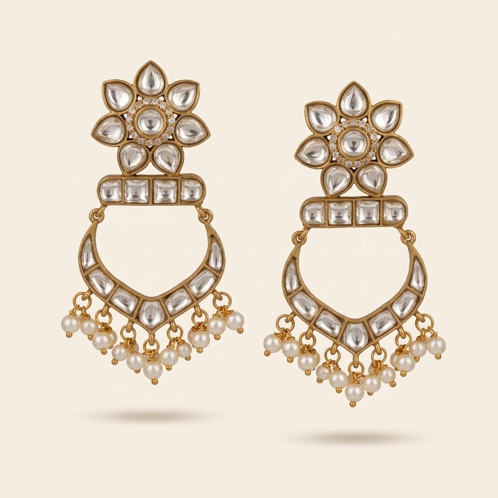 White Kundan Chand Bali with Pearl Drops