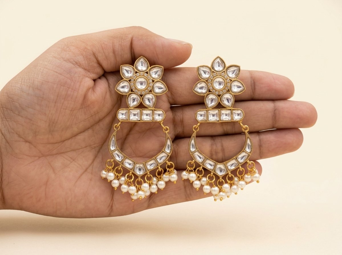 White Kundan Chand Bali with Pearl Drops - Image 3