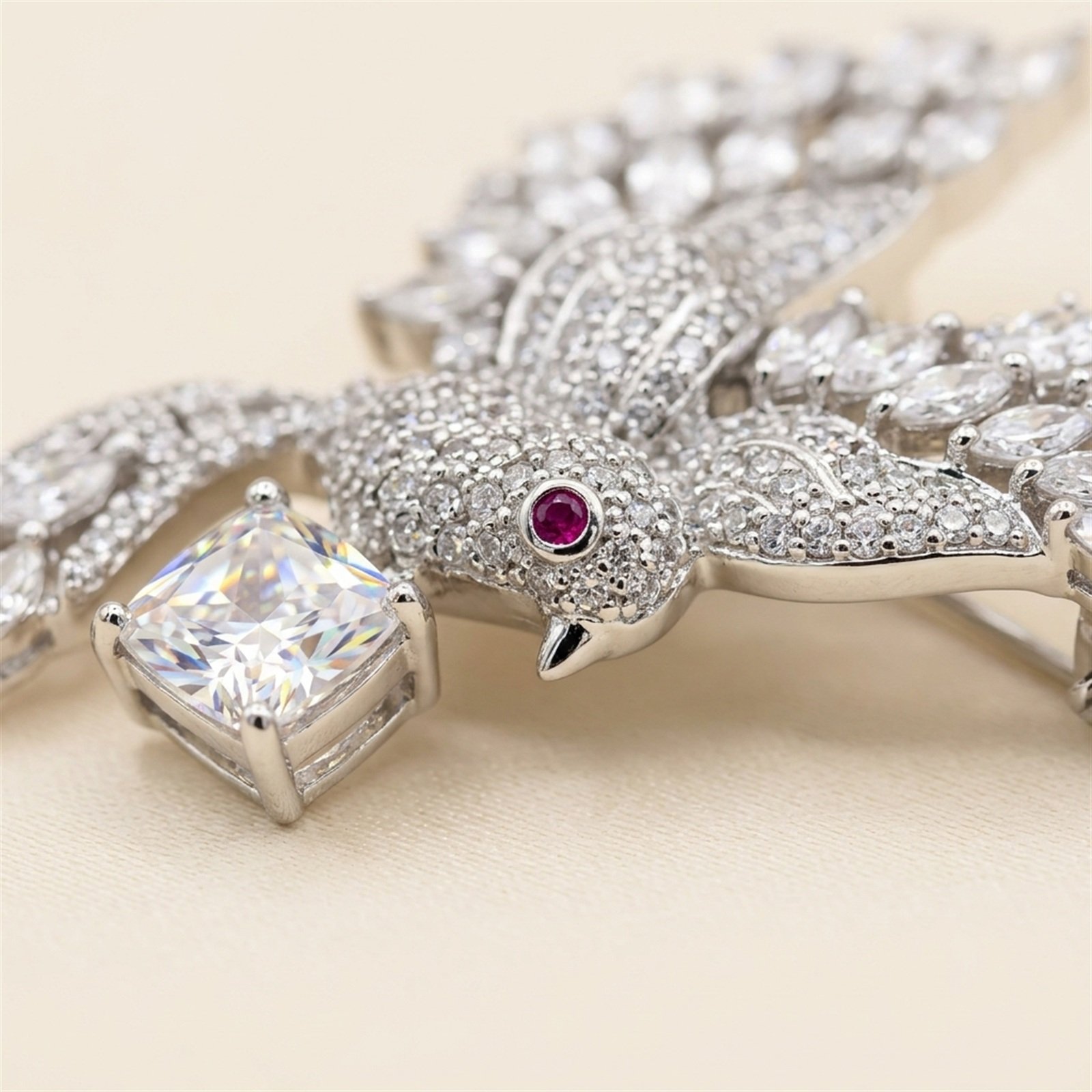 Faux Diamond Bird Brooch in Silver Tone - Image 2