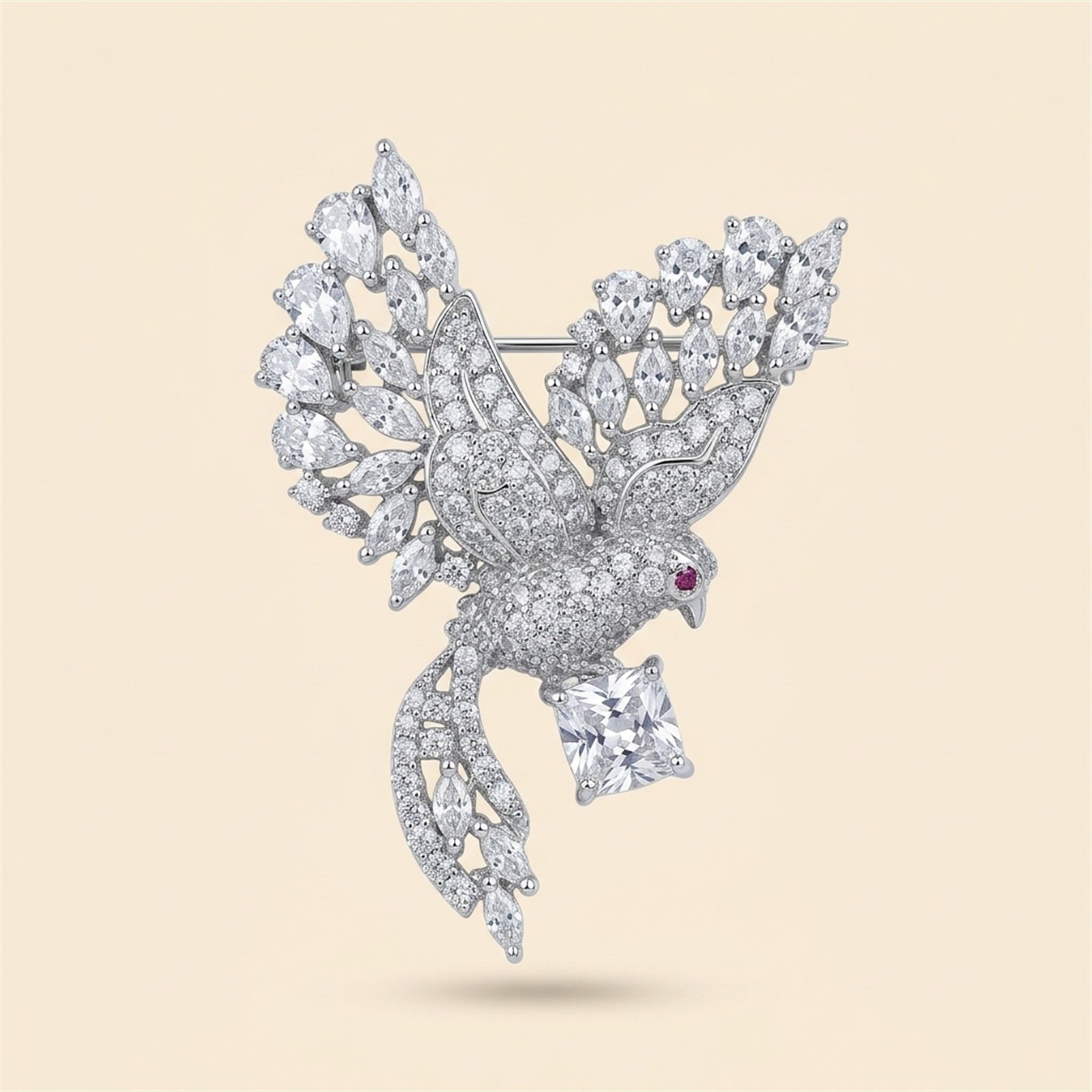 Faux Diamond Bird Brooch in Silver Tone