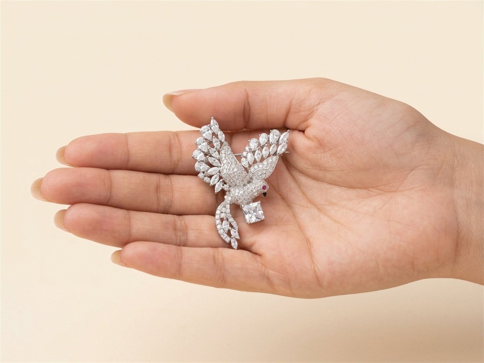 Faux Diamond Bird Brooch in Silver Tone - Image 3