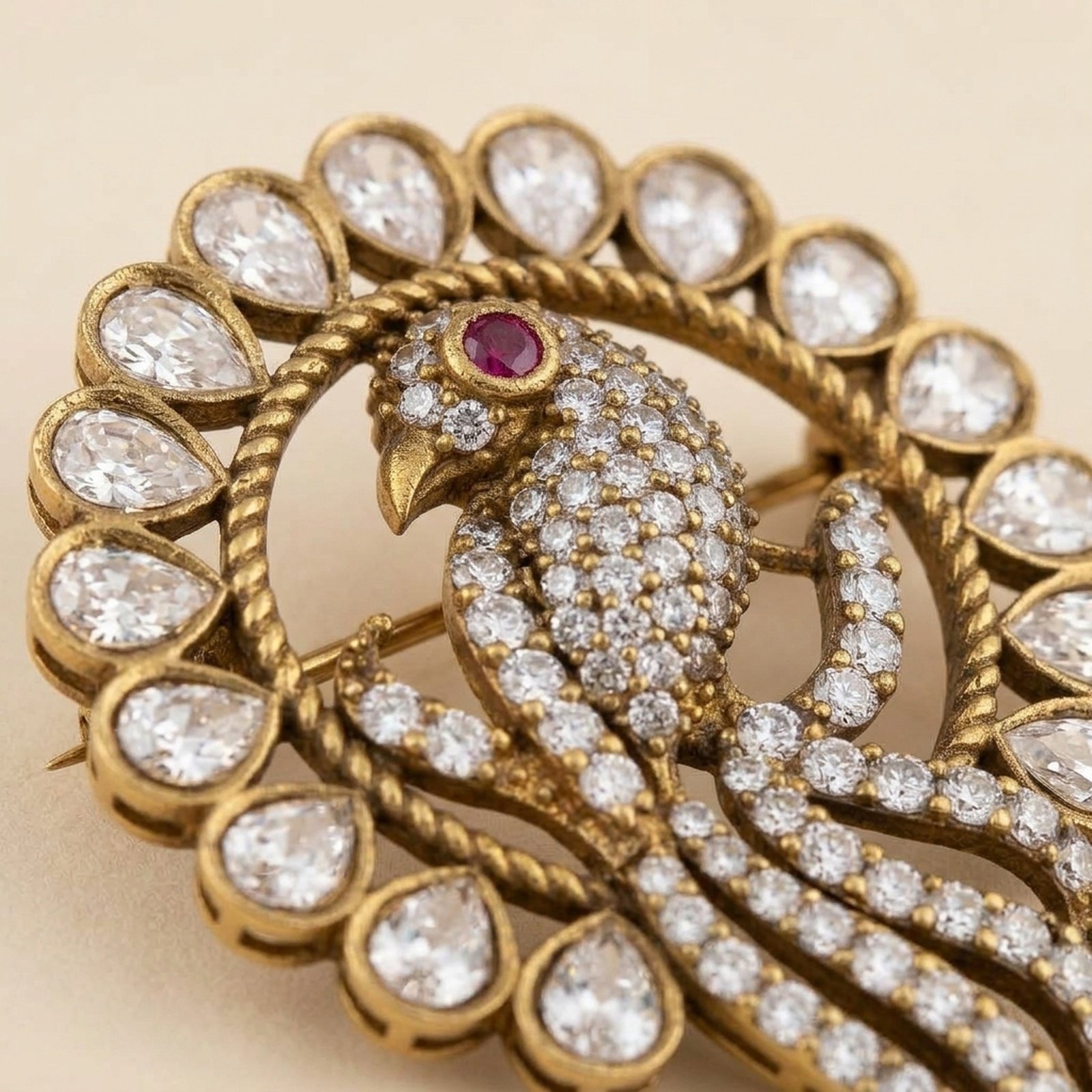 Faux Diamond Parrot Brooch in Antique Gold - Image 2