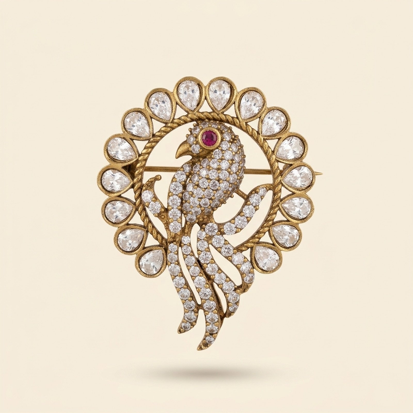 Faux Diamond Parrot Brooch in Antique Gold