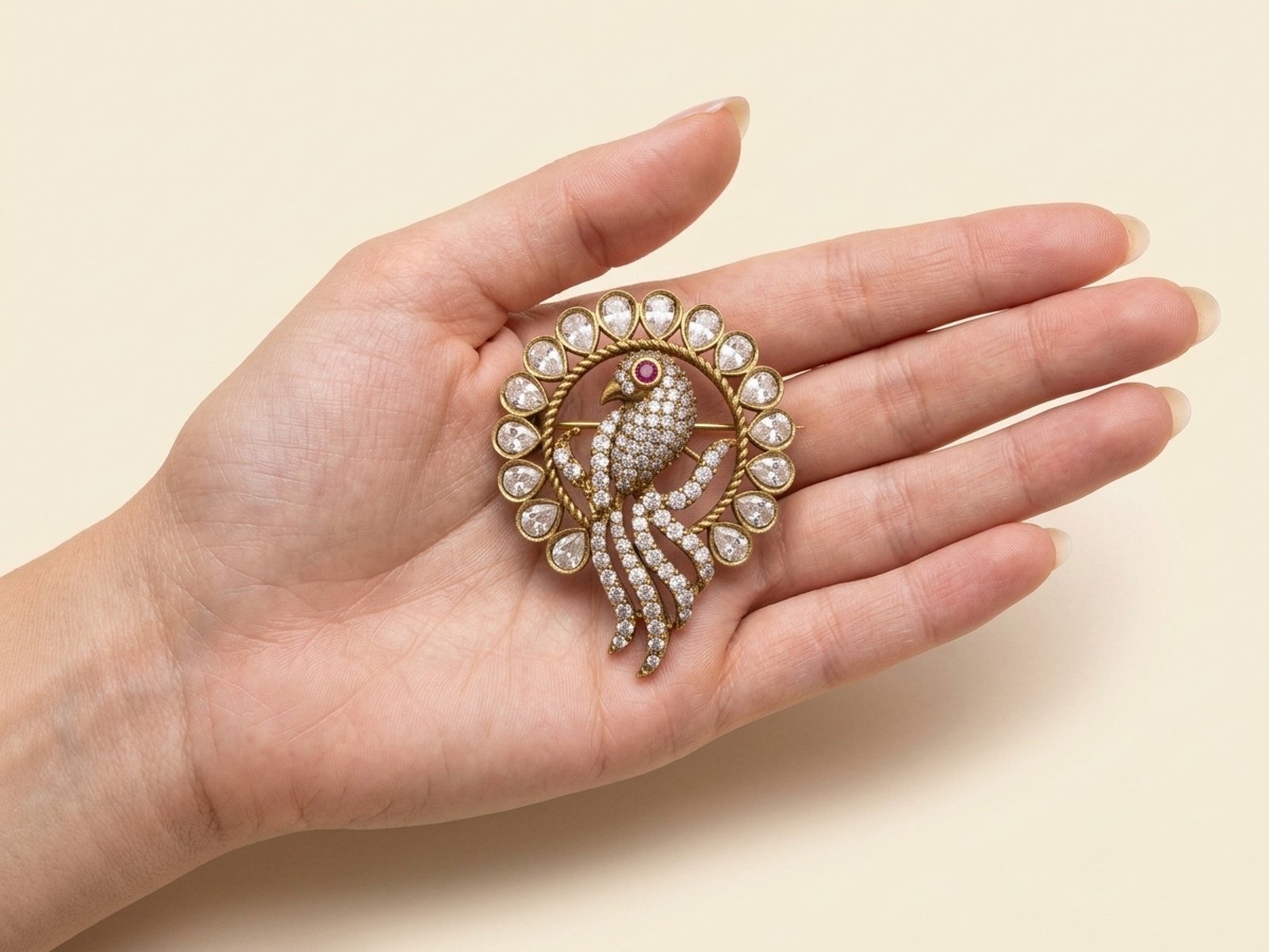 Faux Diamond Parrot Brooch in Antique Gold - Image 3
