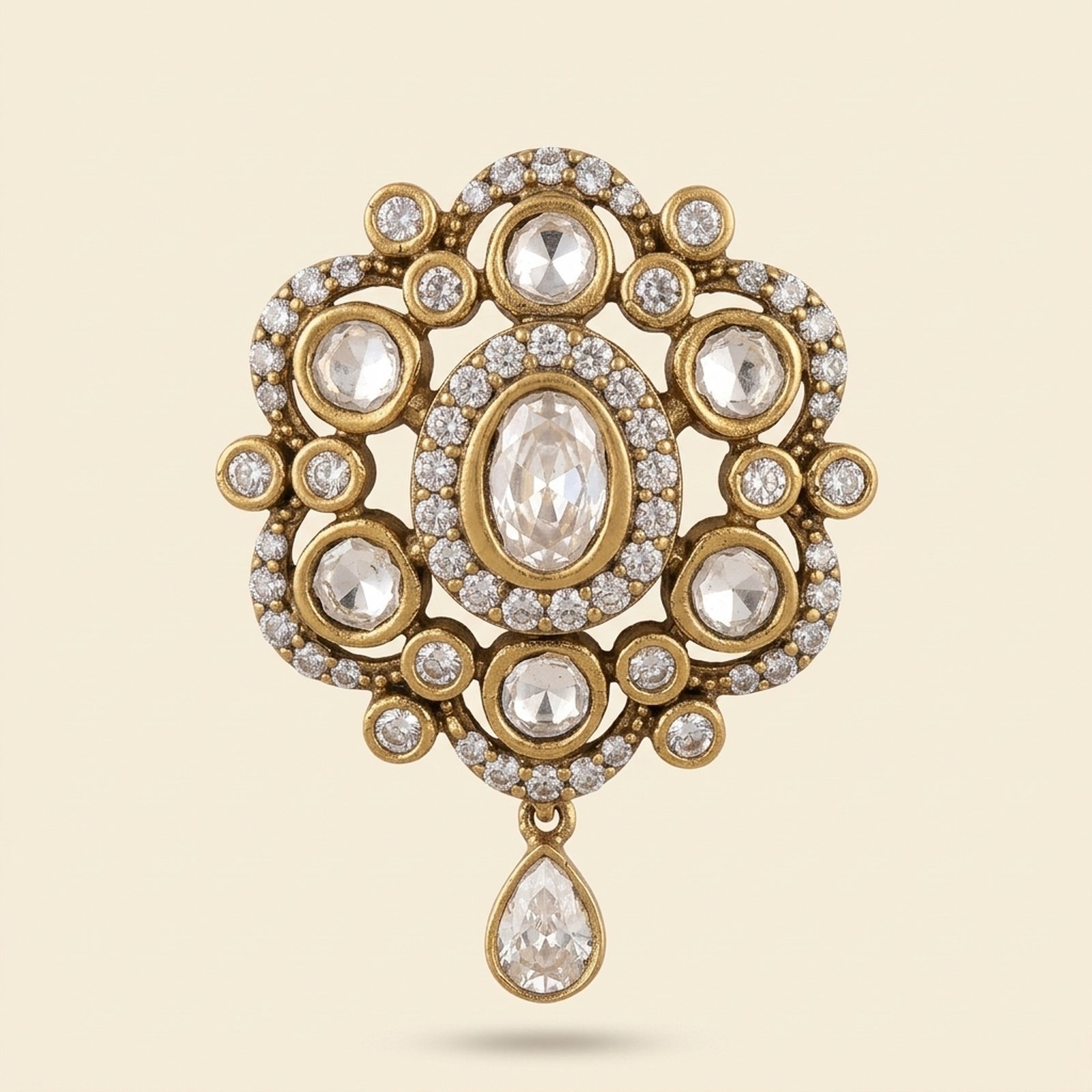 Faux Diamond Medallion Brooch with Pear Drop