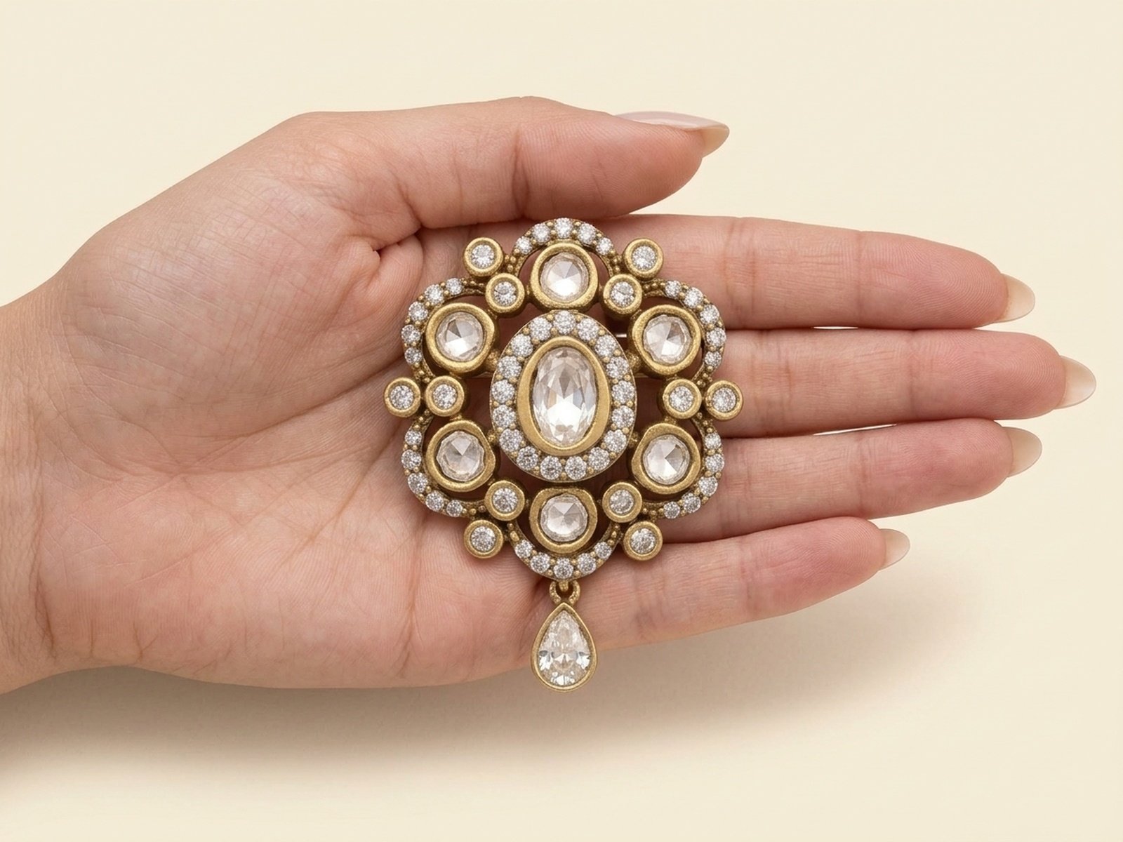 Faux Diamond Medallion Brooch with Pear Drop - Image 3