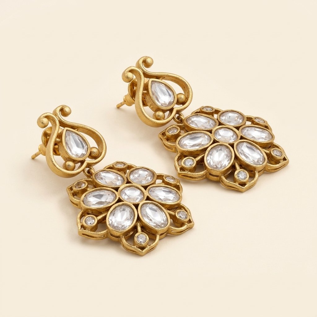 Matte Gold Kundan Floral Drop Earrings - Image 2