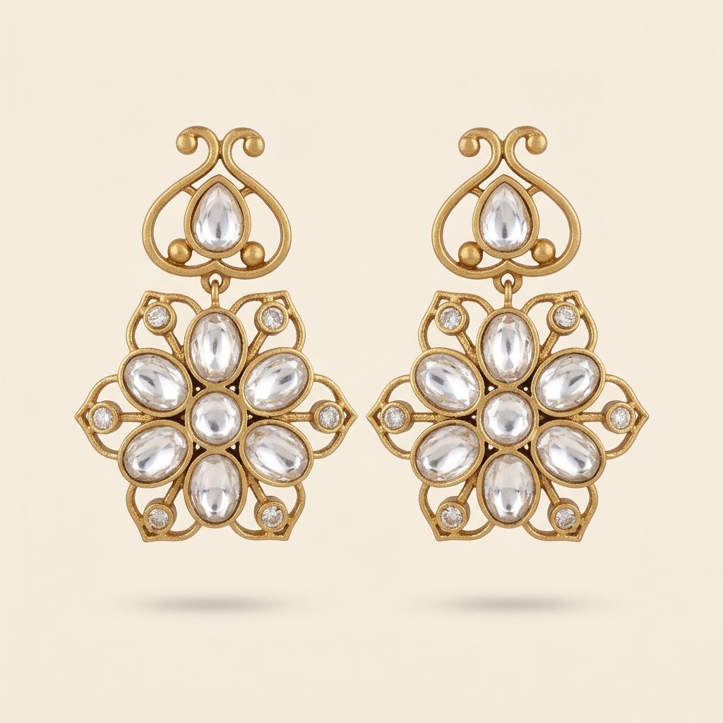 Matte Gold Kundan Floral Drop Earrings
