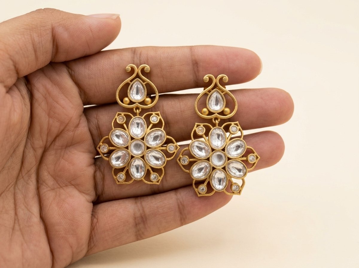 Matte Gold Kundan Floral Drop Earrings - Image 3