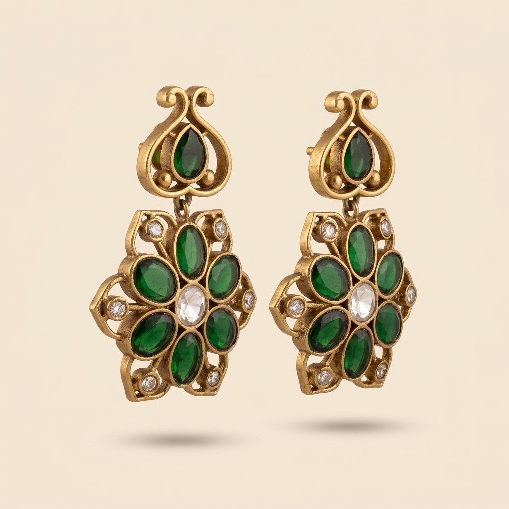 Emerald Green Kundan Floral Drop Earrings - Image 2