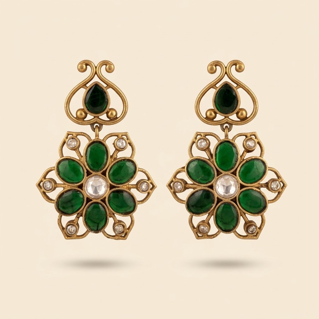 Emerald Green Kundan Floral Drop Earrings