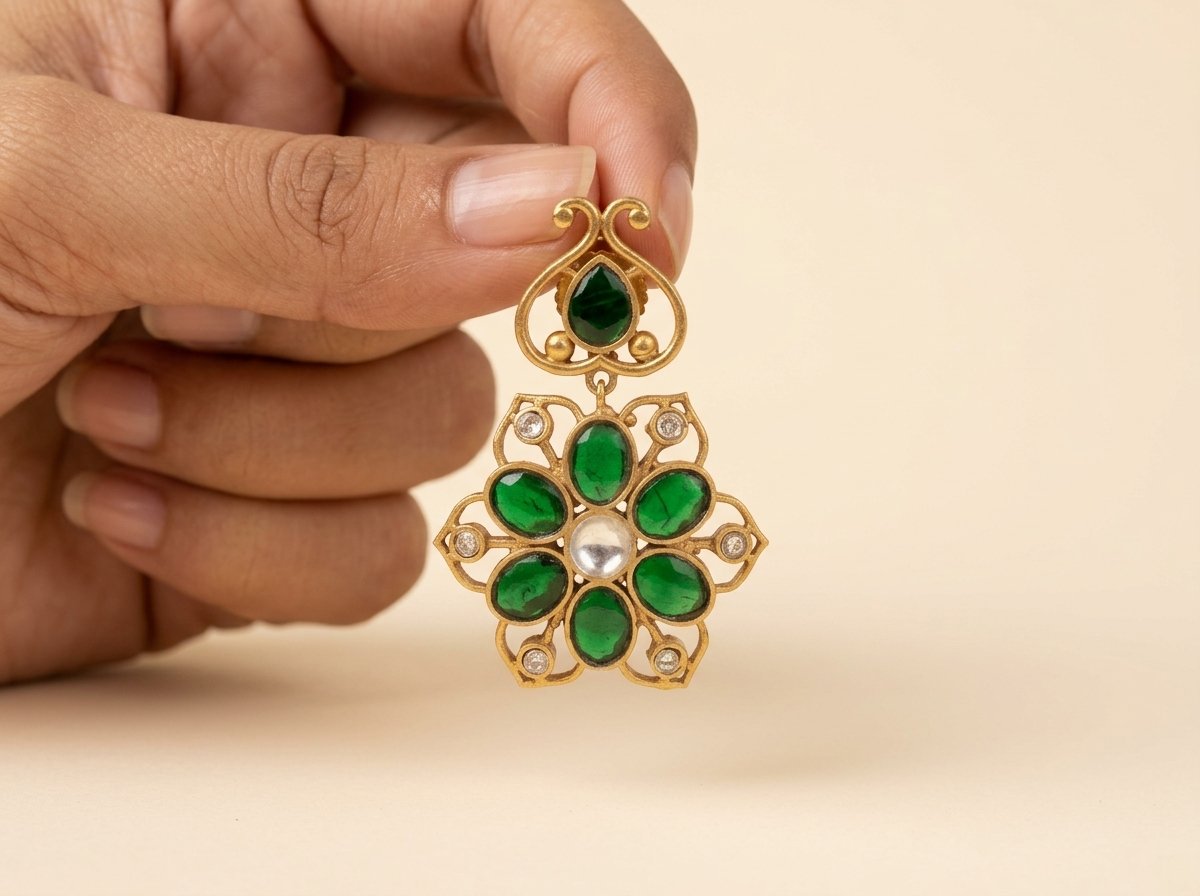 Emerald Green Kundan Floral Drop Earrings - Image 3