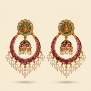 Lakshmi Temple Chand Bali in Ruby and Green