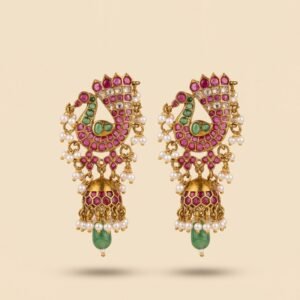 Kemp Mango Jhumka with Green Bead Drop